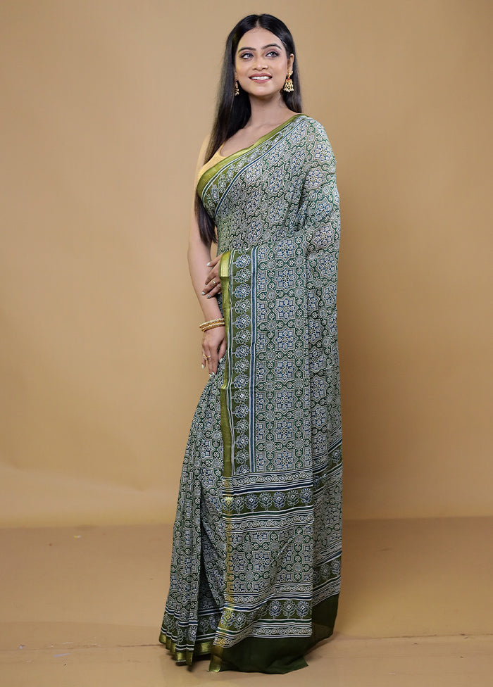 Green Chanderi Cotton Saree With Blouse Piece