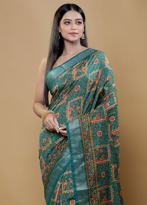 Green Printed Silk Saree Without Blouse Piece