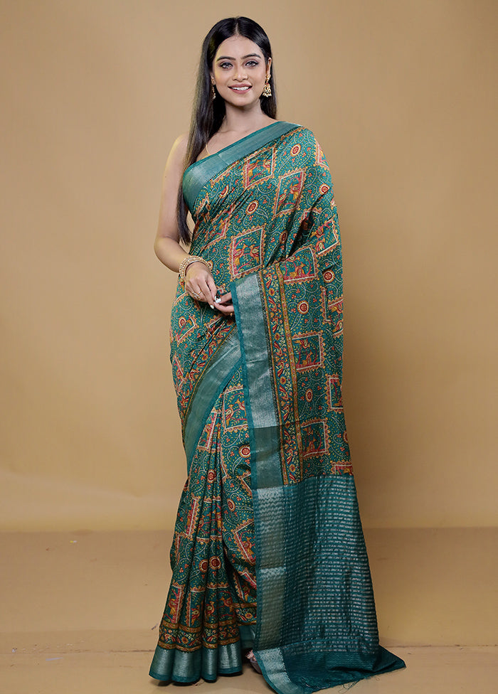 Green Printed Silk Saree Without Blouse Piece