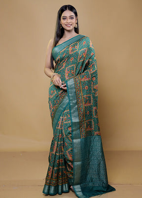 Green Printed Silk Saree Without Blouse Piece