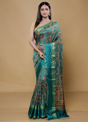 Green Printed Silk Saree Without Blouse Piece