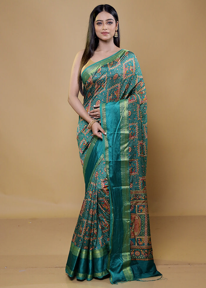 Green Printed Silk Saree Without Blouse Piece