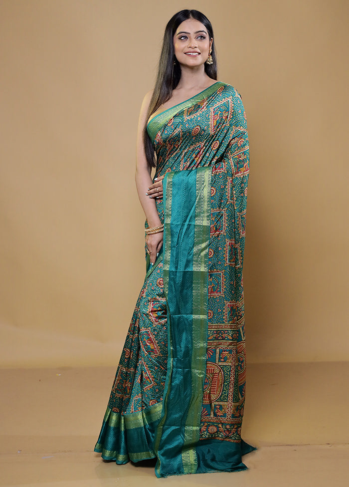 Green Printed Silk Saree Without Blouse Piece