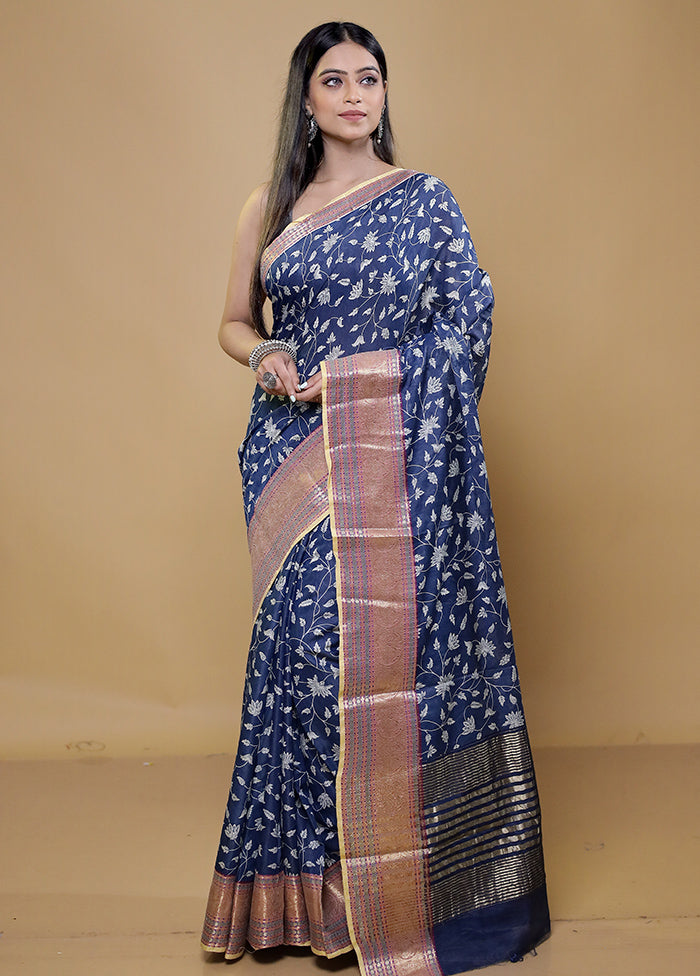 Blue Chanderi Cotton Saree With Blouse Piece