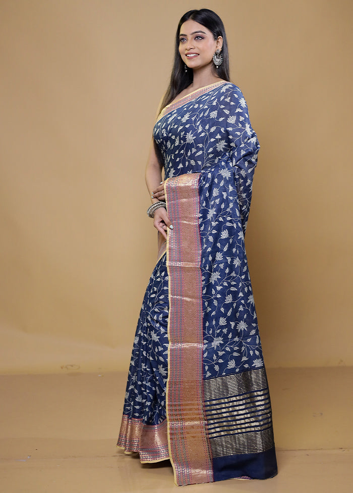 Blue Chanderi Cotton Saree With Blouse Piece