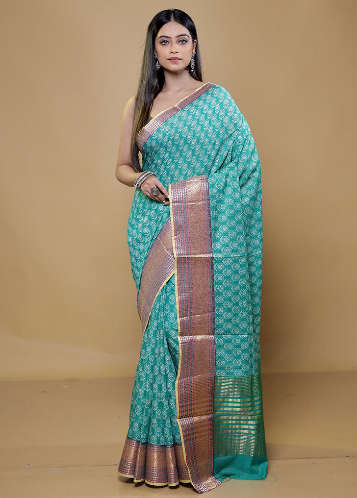 Green Chanderi Cotton Saree With Blouse Piece