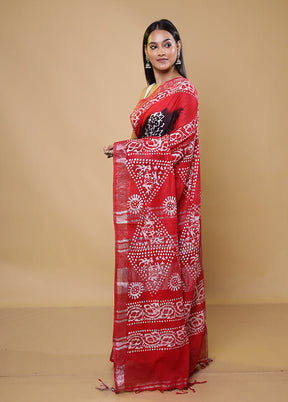 Red Chanderi Cotton Saree With Blouse Piece