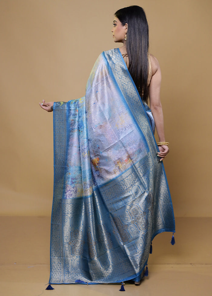 Blue Dupion Silk Saree With Blouse Piece