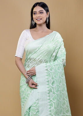 Green Cotton Saree With Blouse Piece