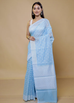 Blue Cotton Saree With Blouse Piece