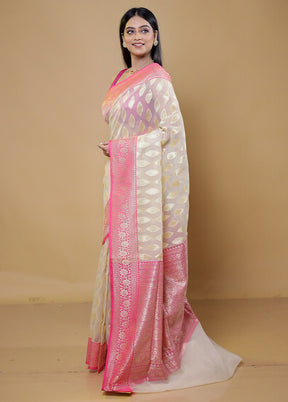 Cream Organza Saree With Blouse Piece