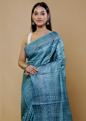 Blue Handloom Tussar Pure Silk Saree With Blouse Piece