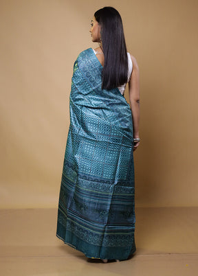 Blue Handloom Tussar Pure Silk Saree With Blouse Piece