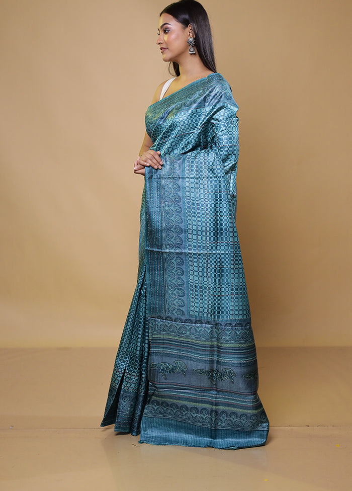 Blue Handloom Tussar Pure Silk Saree With Blouse Piece