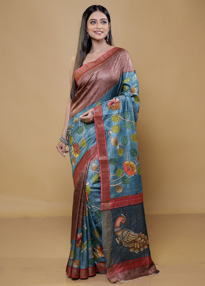 Blue Handloom Tussar Pure Silk Saree With Blouse Piece