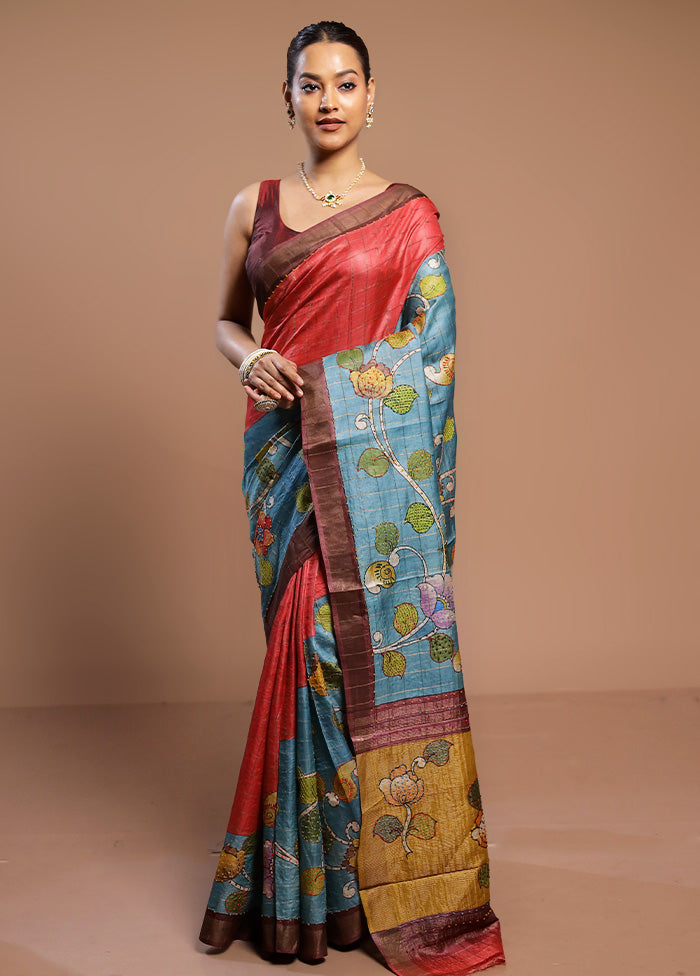 Multicolor Handloom Tussar Pure Silk Saree With Blouse Piece