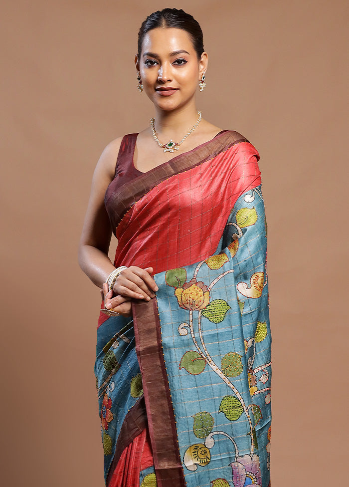 Multicolor Handloom Tussar Pure Silk Saree With Blouse Piece