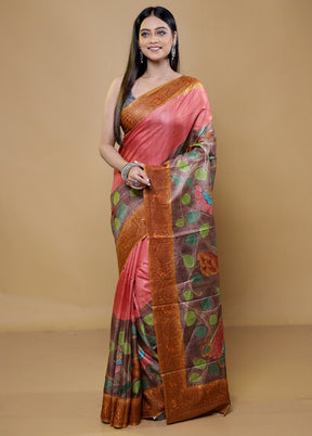 Green Handloom Tussar Pure Silk Saree With Blouse Piece