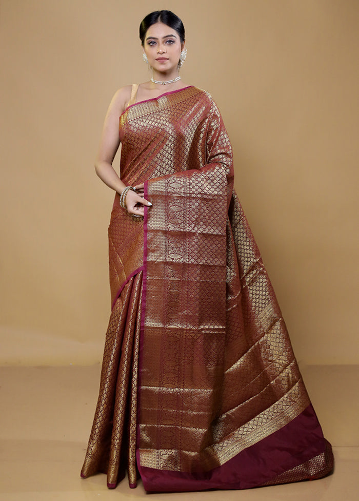 Brown Kora Silk Saree With Blouse Piece