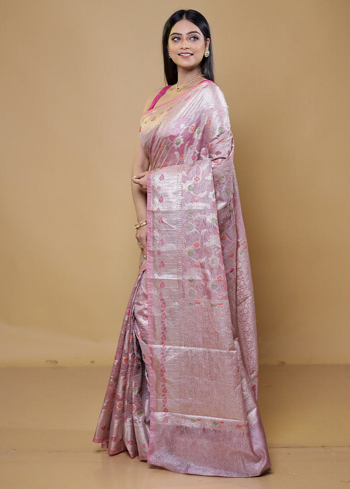 Pink Crushed Tissue Silk Saree With Blouse Piece