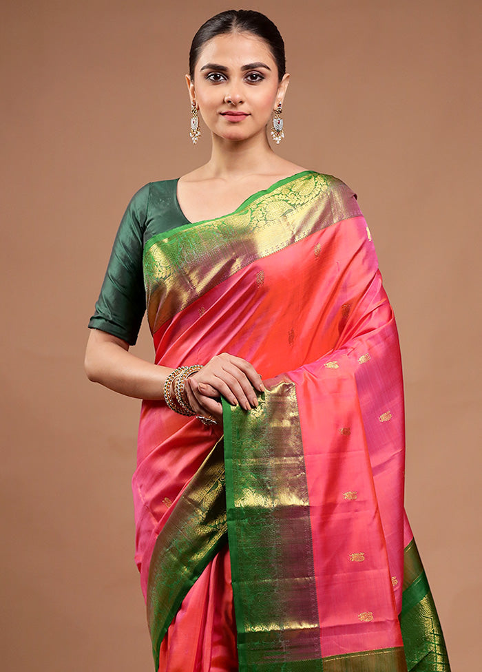 Pink Handloom Kanchipuram Pure Silk Saree With Blouse Piece