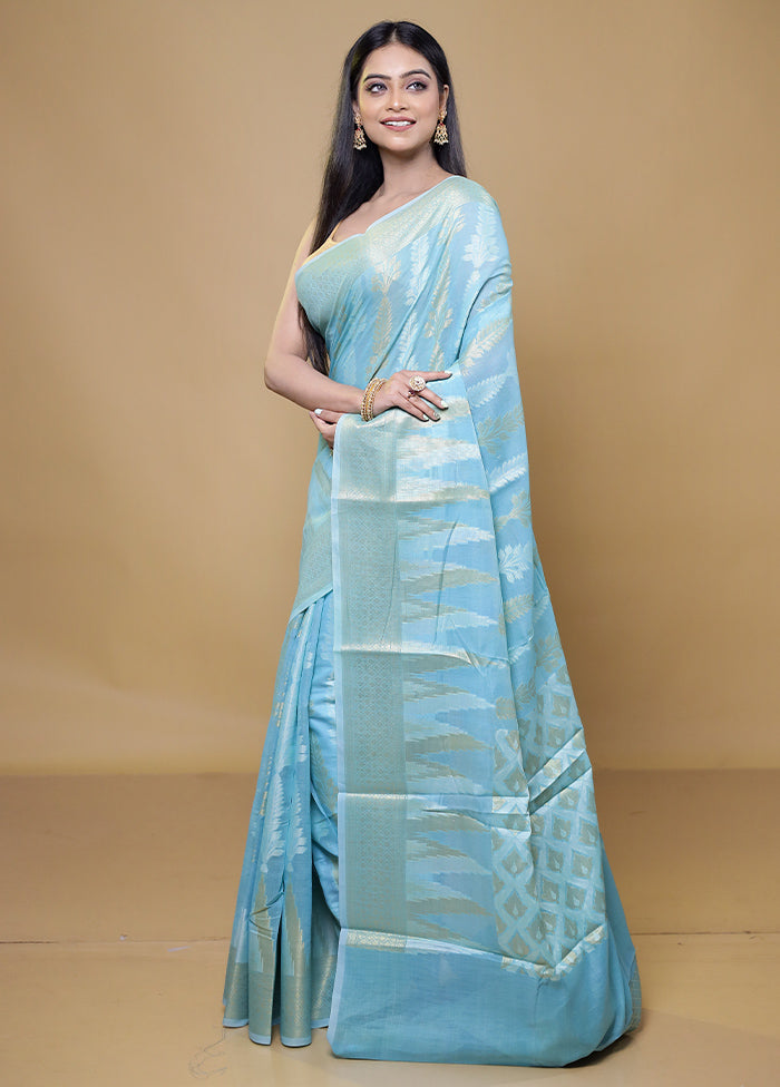 Blue Kora Silk Saree With Blouse Piece