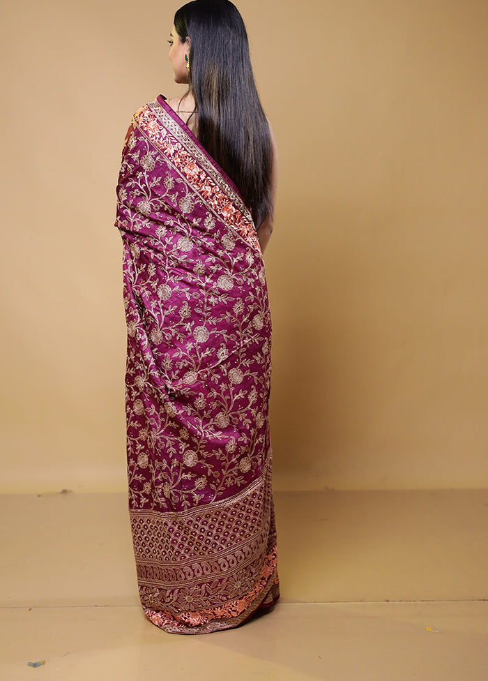 Purple Handloom Tussar Pure Silk Saree With Blouse Piece