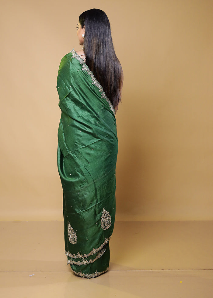 Green Handloom Tussar Pure Silk Saree With Blouse Piece