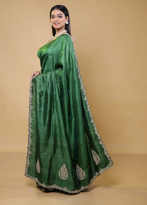 Green Handloom Tussar Pure Silk Saree With Blouse Piece