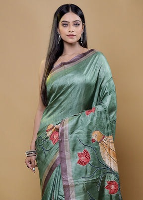 Green Handloom Tussar Pure Silk Saree With Blouse Piece