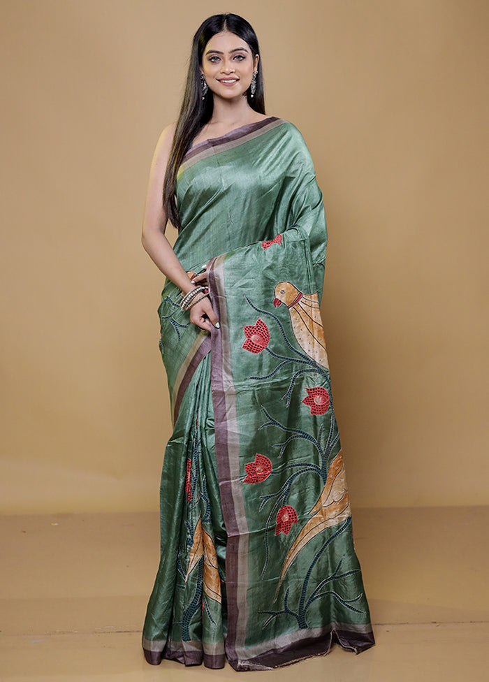 Green Handloom Tussar Pure Silk Saree With Blouse Piece