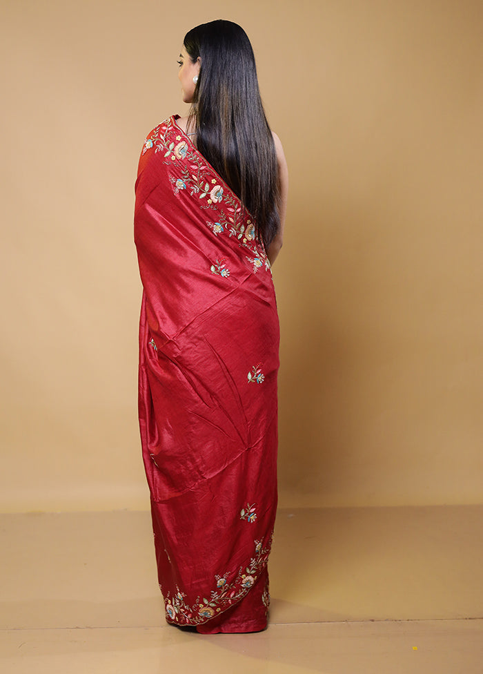 Red Handloom Tussar Pure Silk Saree With Blouse Piece