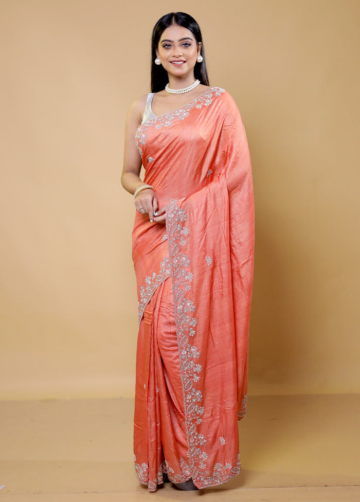 Rust Handloom Tussar Pure Silk Saree With Blouse Piece