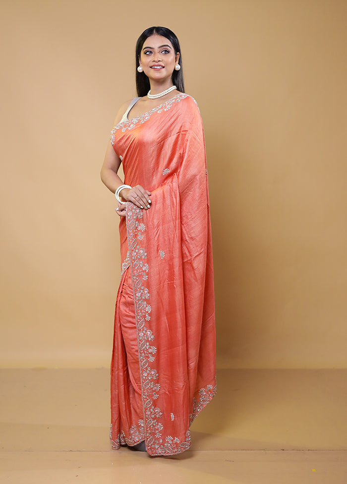 Rust Handloom Tussar Pure Silk Saree With Blouse Piece