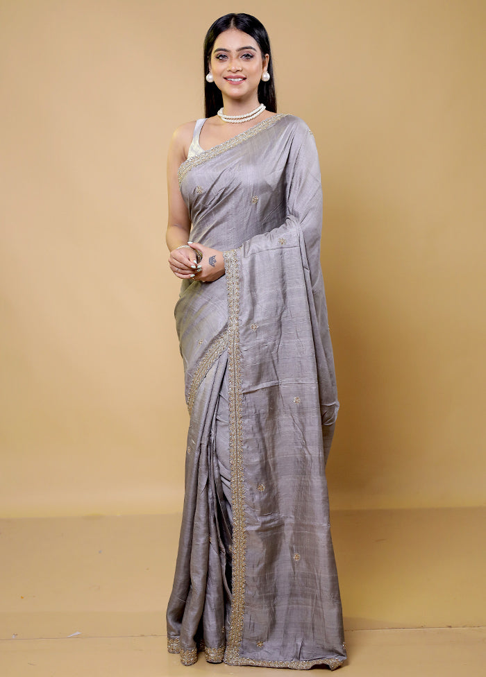 Grey Handloom Tussar Pure Silk Saree With Blouse Piece