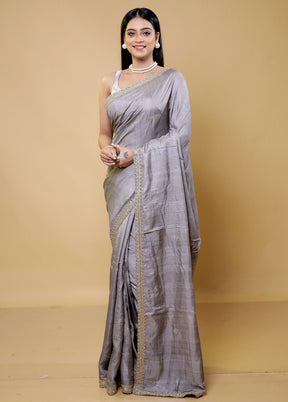 Grey Handloom Tussar Pure Silk Saree With Blouse Piece