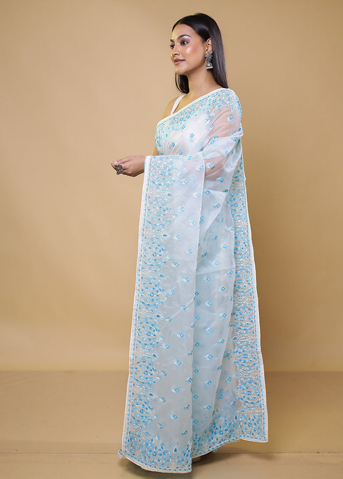 Blue Organza Saree With Blouse Piece