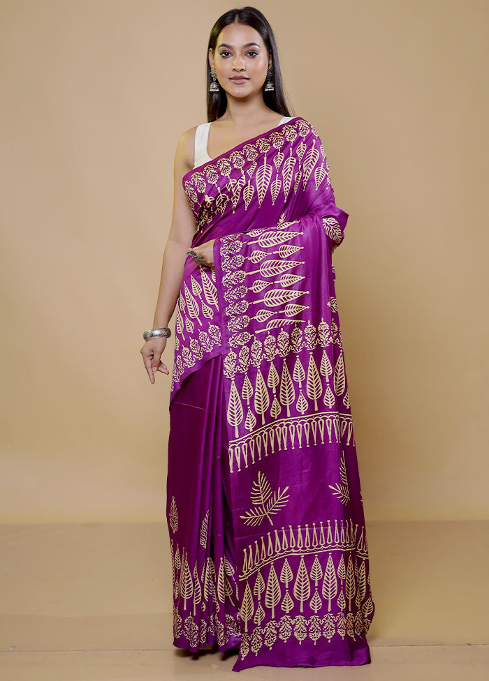 Purple Printed Silk Saree Without Blouse Piece