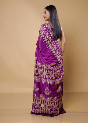 Purple Printed Silk Saree Without Blouse Piece