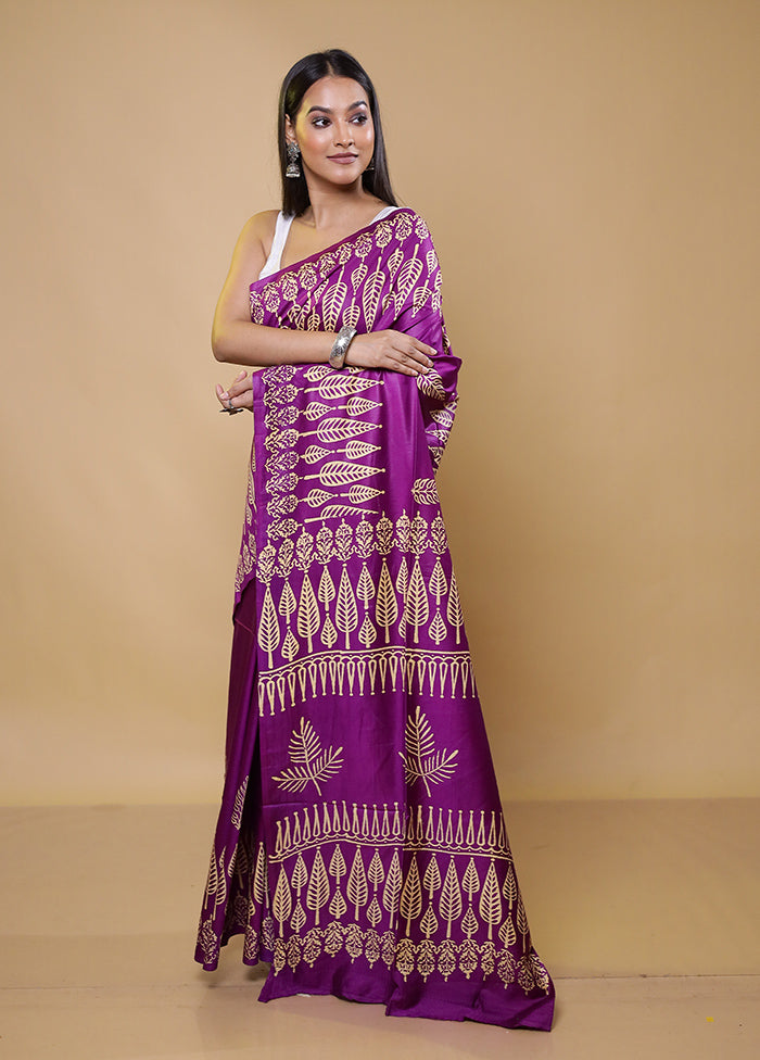 Purple Printed Silk Saree Without Blouse Piece