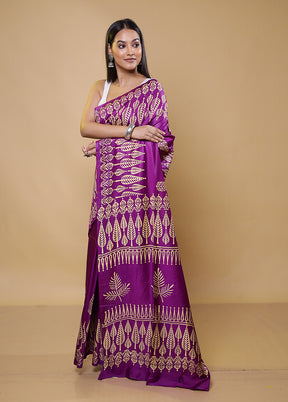 Purple Printed Silk Saree Without Blouse Piece