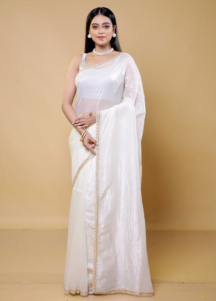 White Crushed Tissue Silk Saree With Blouse Piece