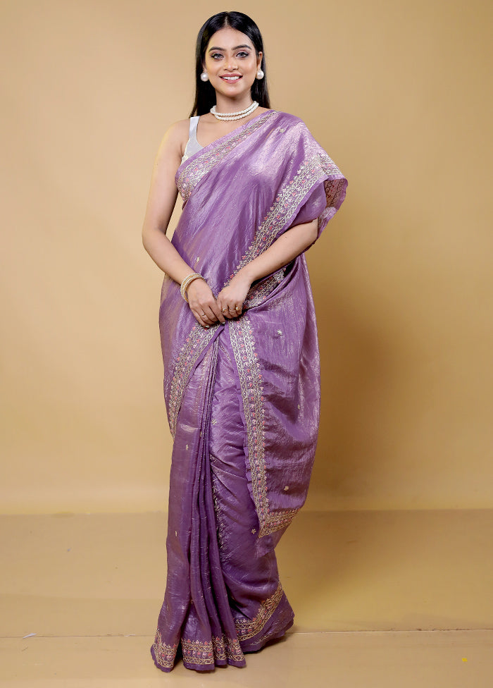 Purple Crushed Tissue Silk Saree With Blouse Piece