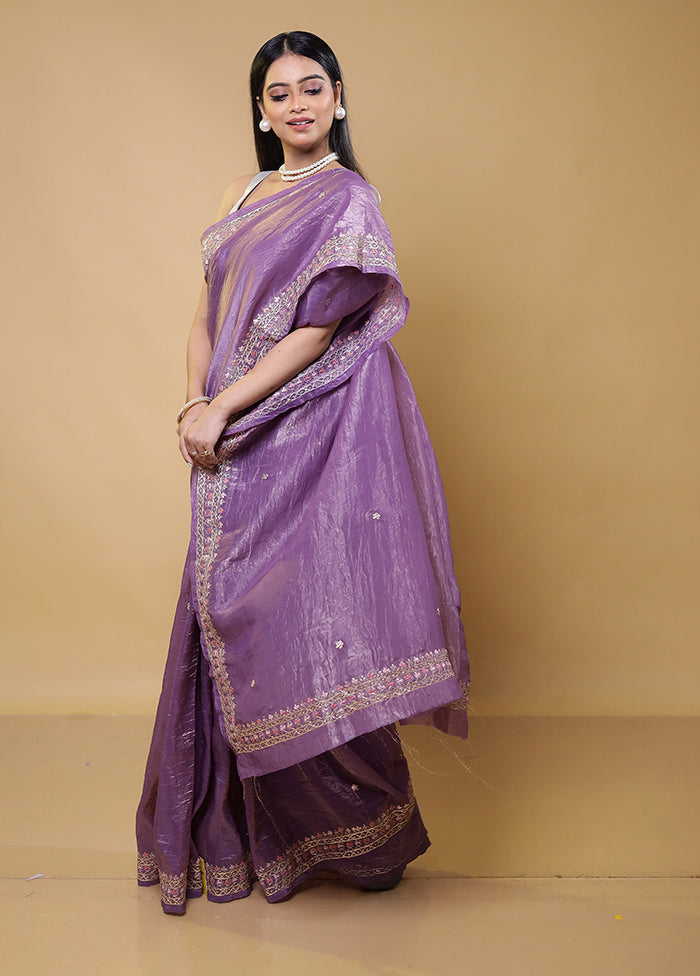 Purple Crushed Tissue Silk Saree With Blouse Piece