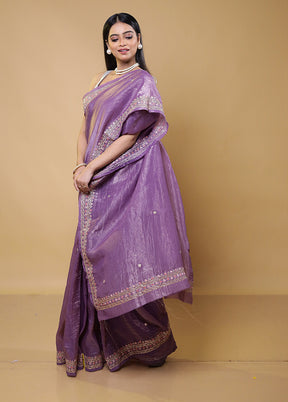 Purple Crushed Tissue Silk Saree With Blouse Piece