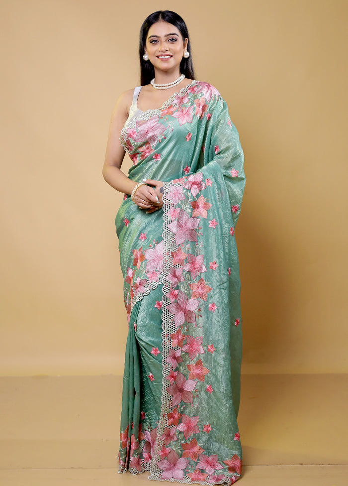 Green Crushed Tissue Silk Saree With Blouse Piece