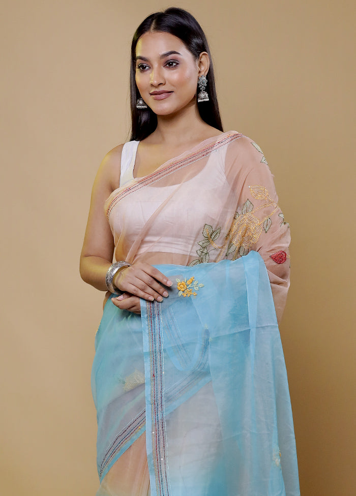 Blue Organza Saree With Blouse Piece