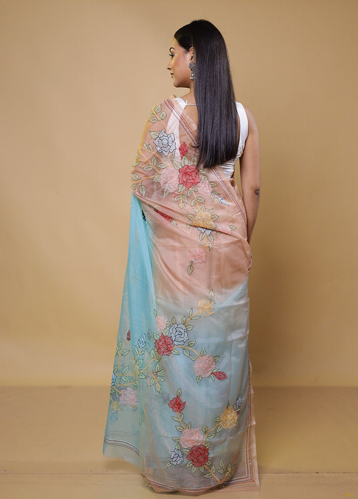 Blue Organza Saree With Blouse Piece