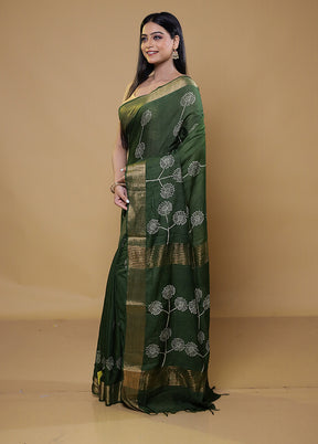 Green Chanderi Cotton Saree With Blouse Piece