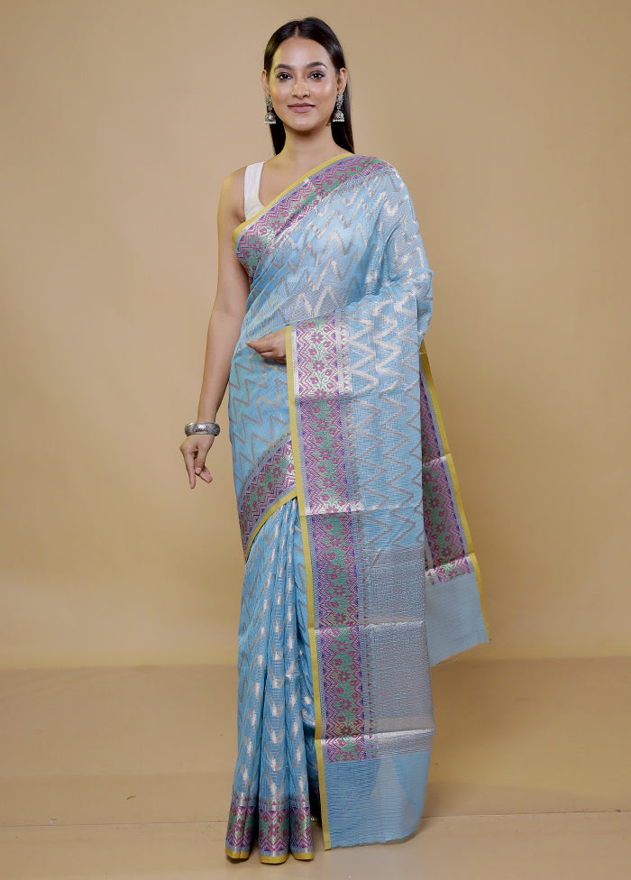 Blue Cotton Saree With Blouse Piece